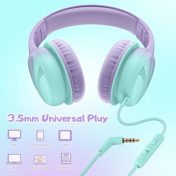 Kids Headphones, Wired Headphones for Kids with Microphone 85/94dB Volume Limit, Stereo Sound Portable Over Ear Headphones for School/Travel/Tablet/iPad, Green Violet