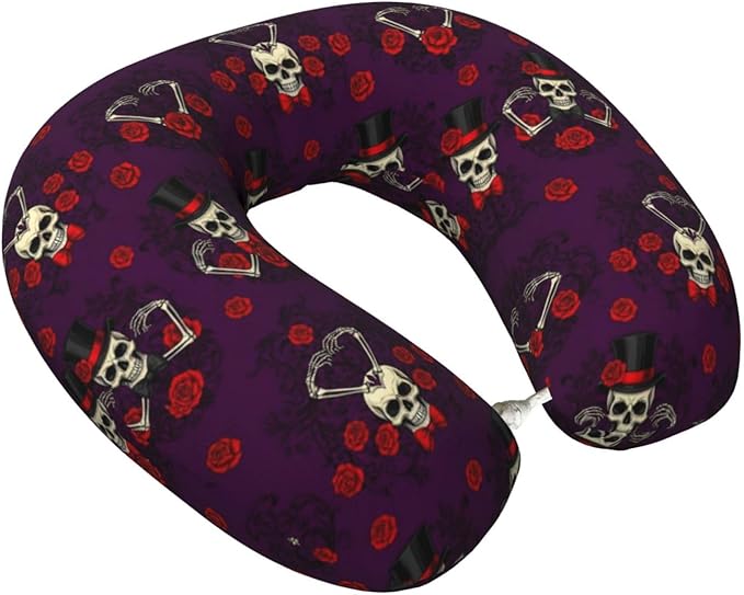 Neck Pillows for Travel Mexican Sugar Skulls Day of The Dead Red Roses Magic Hat, Women and Men Airplane Car Pillow, Neck Support U Shaped Pillow for Rest Pain Relief Sleeping