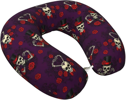 Neck Pillows for Travel Mexican Sugar Skulls Day of The Dead Red Roses Magic Hat, Women and Men Airplane Car Pillow, Neck Support U Shaped Pillow for Rest Pain Relief Sleeping
