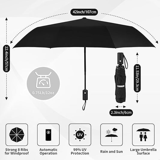 Yoobure Windproof Travel Umbrella - Automatic Umbrellas for Rain, Compact Folding Umbrella with UV Protection, Lightweight Portable Design for Backpack/Walking/Car, Sun & Storm Ready