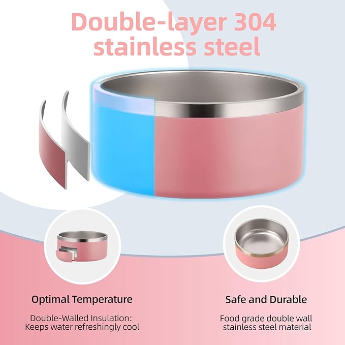 Dog Bowls Medium Sized Dogs-Large Breed 1.9l/64oz Double Layer Stainless Steel Outdoor Dog Water Bowl,Puppy Insulated Food Bowl,with Non-Slip Bottom and 1pc 8oz Food Scoop (Pink, 64 oz)