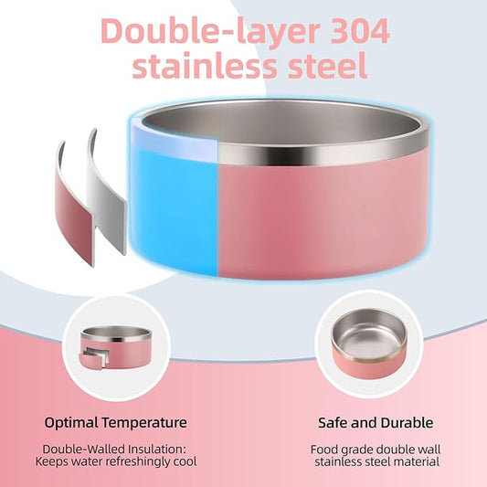 Dog Bowls Medium Sized Dogs-Large Breed 1.9l/64oz Double Layer Stainless Steel Outdoor Dog Water Bowl,Puppy Insulated Food Bowl,with Non-Slip Bottom and 1pc 8oz Food Scoop (Pink, 64 oz)