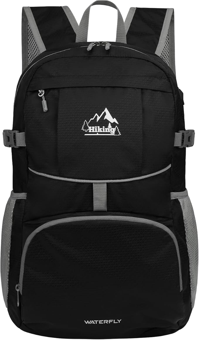 WATERFLY Hiking Packable Daypack Backpack: 35L Ultra Lightweight Day Pack for Woman Man - Large Compact Folding Back Pack for Outdoor Sport Cycling Camping Travel Trip - Black