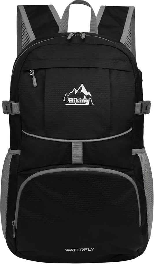 WATERFLY Hiking Packable Daypack Backpack: 35L Ultra Lightweight Day Pack for Woman Man - Large Compact Folding Back Pack for Outdoor Sport Cycling Camping Travel Trip - Black