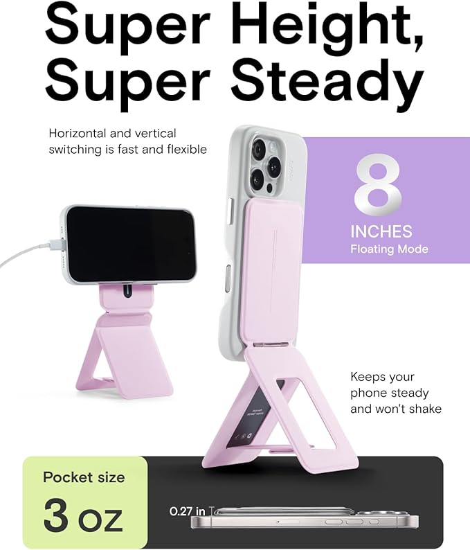 MOFT Phone Tripod Stand Selfie Stick for iPhone, Multi-Angles iPhone Stand, Lightweight & Portable Phone Holder, Strong Magnets, MOVAS Vegan Leather, Travel Essentials, Blush(Without Card Slot)