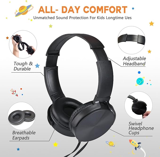 Kids Headphones Bulk 6 Pack for School Classroom Student,Wholeslae Wired Durable Earphones Class Set for Children Toddler Teens Boys Girls and Adult (HY450, 6 Black)