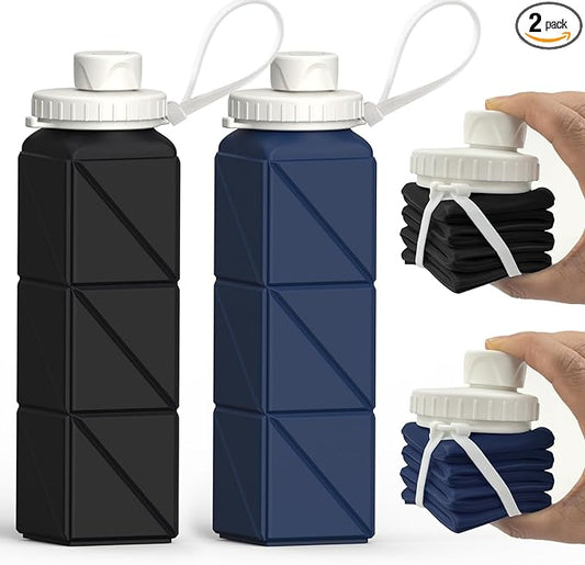 Collapsible Water Bottles 20.6oz, Silicone Foldable Portable Travel Water Bottle, BPA-Free, Leakproof Reusable for Traveling Camping Hiking Sports Outdoor, 2 Pack (Black+Dark Blue)