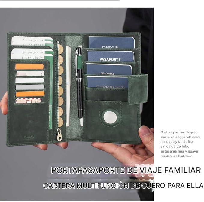 CONTACTS Full Grain Leather Family Passport Holder for 4 Airtag Passport Wallet RFID Blocking Travel Passport Cover with 4 Passport Slot, 6 Card Slot (Green)
