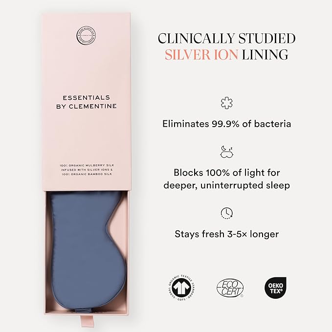 Clementine Sleepwear Essentials Organic Blue Lagoon Sleep Mask | Oversized Contoured Eye Mask with Bamboo and Silver Ion Silk for Sensitive Skin and Restful Sleep