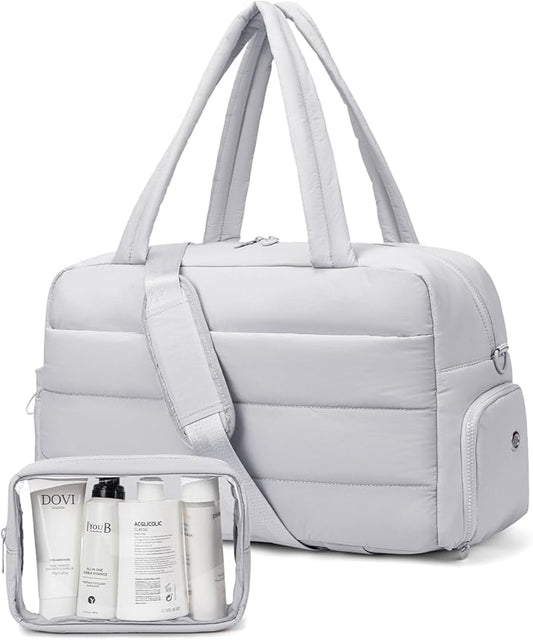 Gitus Carry On Duffle Gym Bag for Women Puffer Weekender Overnight Duffel Bag for Travel with Clear Toiletry Pouch Sport Yoga Fitness Essentials Gifts (Lightgrey)