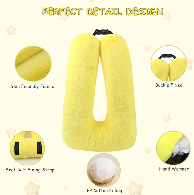 Kids Travel Pillow for Car Seat with Hand Muff, Cartoon Neck & Headrest Seat Belt Pillow for Car Road Trips Long-Distance Travel Sleeping Pillow for Adults and Children, Yellow