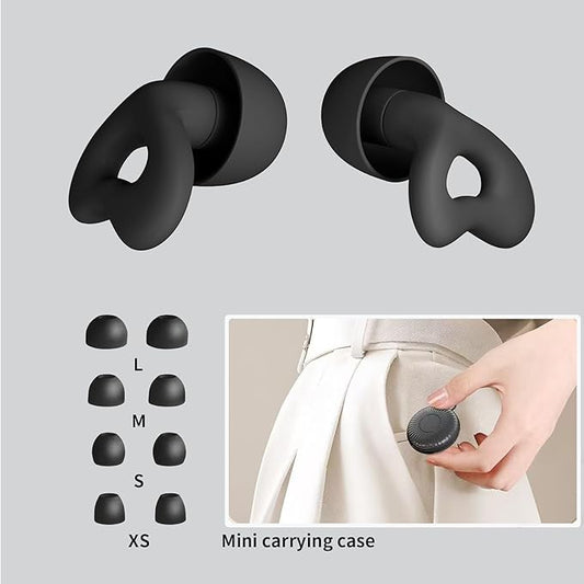 Ear Plugs for Sleeping, Noise Cancelling Sleep Earplugs, Reusable Silicone Hearing Protection Earplug, 45dB Noise Reduction, 4 Sized Earplug with Case, Apply to Live Events, Musicians (Dark Black)