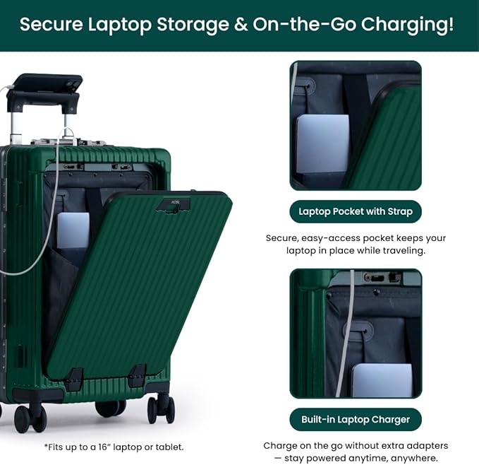 NOBL Travel Carry On Luggage, Noble Zipperless Aluminum Frame PC Hard Shell Suitcase, 20.8x15x8.7 Airline Approved, 360° Spinner Wheels, TSA Locks, USB Charging Port, Cup & Phone Holder - Forest Green