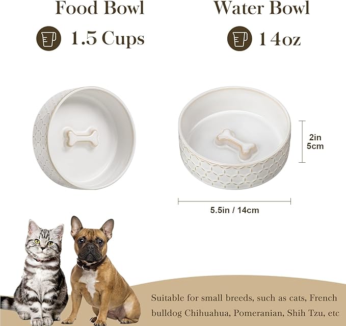 MALACASA Ceramic Dog Food Bowl, 1.5 Cups or 14oz Dog Food Water Dish for Small Breeds, Cats Pet Bowl Dishwasher & Microwave Safe, Five-Leaf Grass, Series Lydia