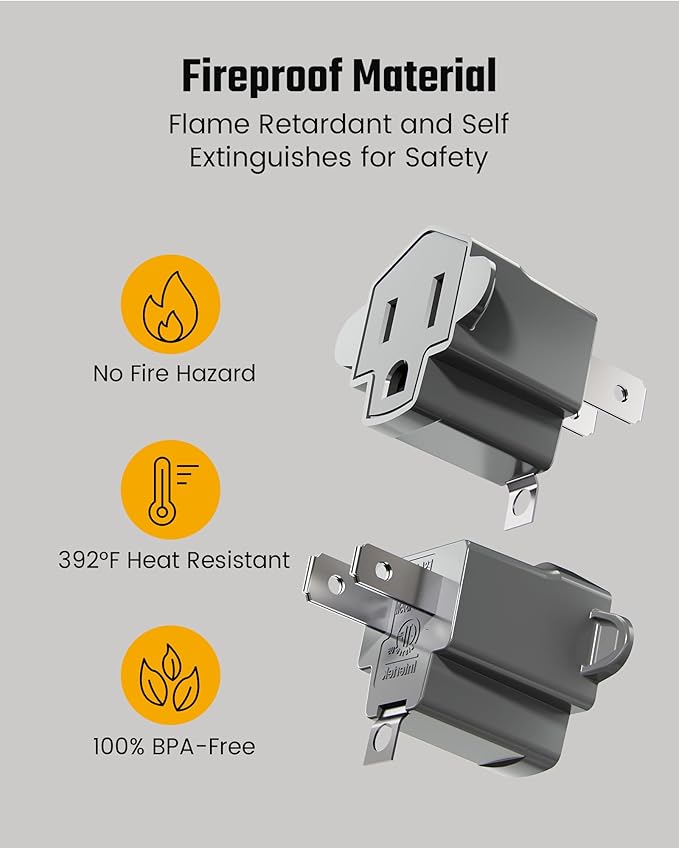 2 Prong to 3 Prong Outlet Adapter, ETL Listed 3-2 Prong Adapter, Fire-Retardant (392℉) PBT Material, Heavy Duty Wall Plug Adapter for Old Homes, Travel to Japan, Gray (10-Pack)