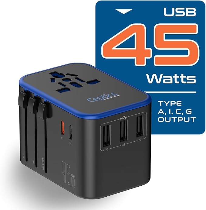 Ceptics Universal Travel Adapter, 45W International Power Adapter with PD & QC 3.0 Dual USB-C, 3 USB Travel Adapter Worldwide, Type I C G A Outlets 110V 220V A/C - EU Euro US UK (11-KU)
