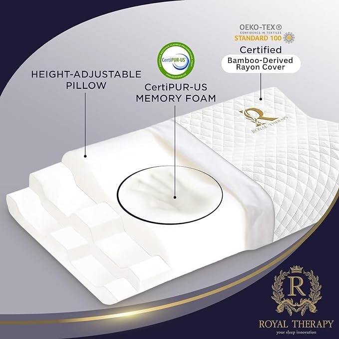 Royal Therapy Memory Foam Pillow, Queen Neck Pain Relief, Contour Cervical Pillow, for Neck and Shoulder Pain, Side, Back and Stomach Sleeper, 24x14x5 inches