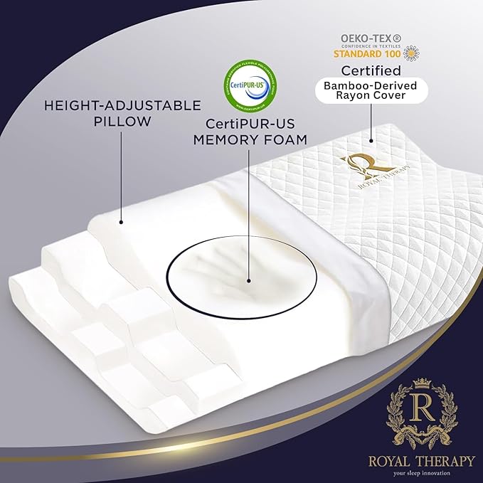 Royal Therapy 2-Pack Queen Memory Foam Pillow, Cervical, Queen Contour, Orthopedic Pillow for Neck Support, Neck Pain, Side Sleepers, CertiPUR-US