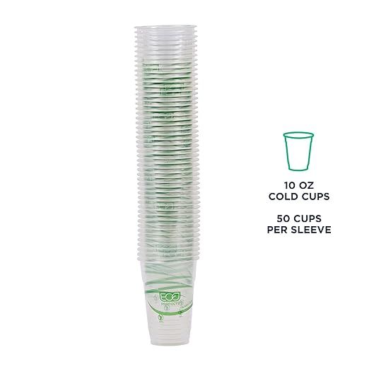 ECO PRODUCTS GreenStripe Clear Compostable 10oz PLA Plastic Cups, Case of 1000, Disposable Renewable Plant-Based Cold Cups, For Cold Drinks & Snacks, BPI Certified, ASTM Compliant.