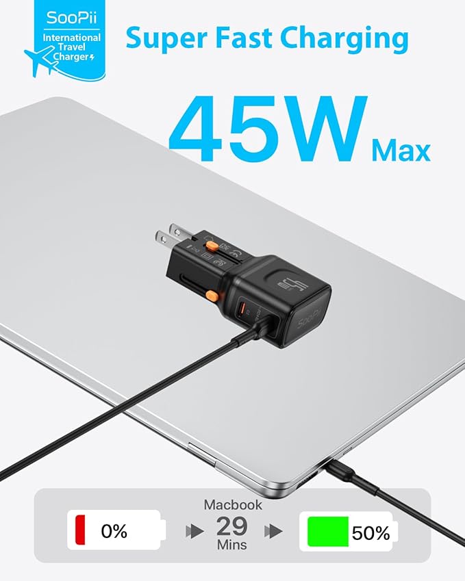 SooPii Gan USB C Charger 45W, 2 Port PD PPS Universal Travel Adapter, All-in-One Travel Charger with US UK EU AU Plug for for Galaxy S25/S24/Note 20, iPhone 16/15/14, iPad, MacBook, Pixel