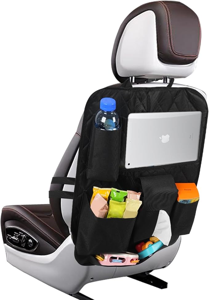 GMQ Backseat Car Organizer with Touch Screen,Kick Mats Back Seat Organizer for Kids,Multifunctional Seat Back Organizer Car Travel Accessories (Black, 1 PC)