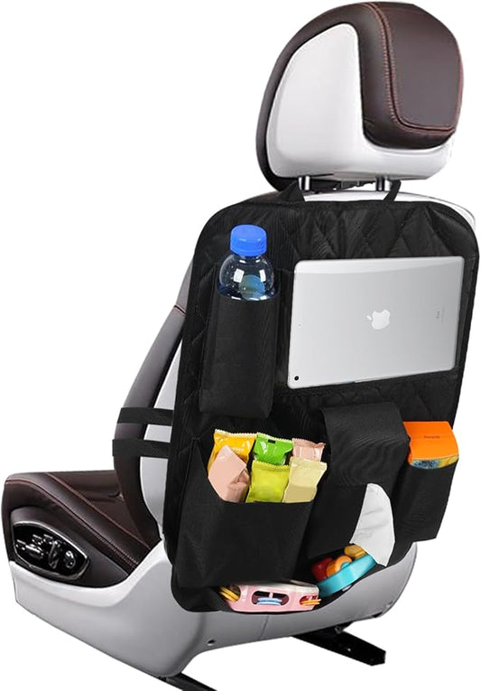 GMQ Backseat Car Organizer with Touch Screen,Kick Mats Back Seat Organizer for Kids,Multifunctional Seat Back Organizer Car Travel Accessories (Black, 1 PC)