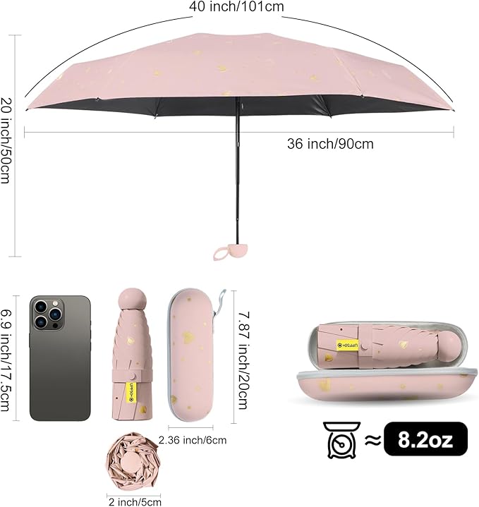 Compact Travel Umbrella - Mini Manual Umbrella for Purse, Windproof & UPF 50+ Sun & Rain Protection, Lightweight Portable Folding with Case for Women, Men，Kids