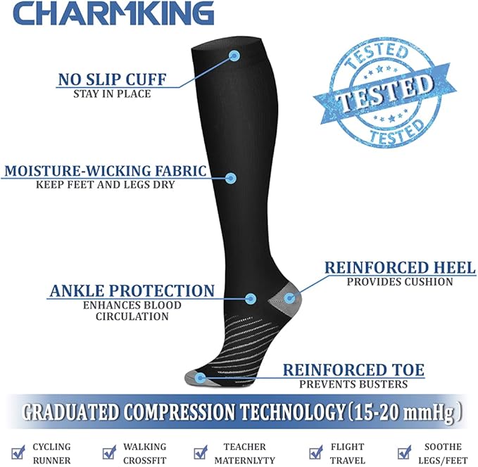 CHARMKING Compression Socks for Women & Men Circulation (8 Pairs) 15-20 mmHg is Best Support for Athletic Running,Cycling
