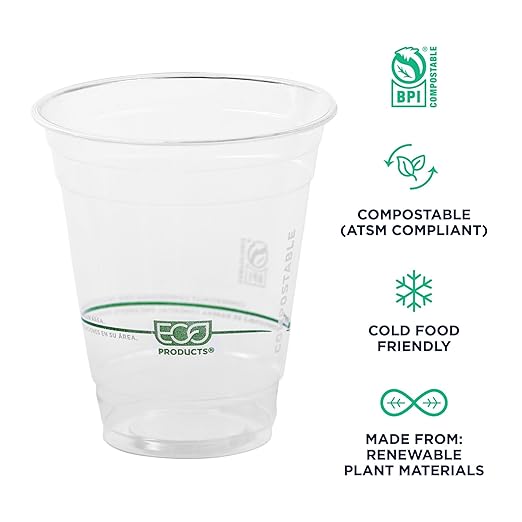 ECO PRODUCTS GreenStripe Clear Compostable 12oz PLA Plastic Cups, Case of 1000, Disposable Renewable Plant-Based Cold Cups, For Cold Drinks & Snacks, BPI Certified, ASTM Compliant.