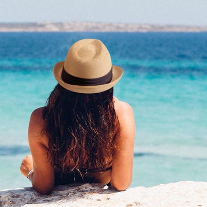 DRESHOW Women Straw Panama Hat Travel Fedora Beach Sun Hat Summer Wide Brim Straw Roll up Hat UPF 50+