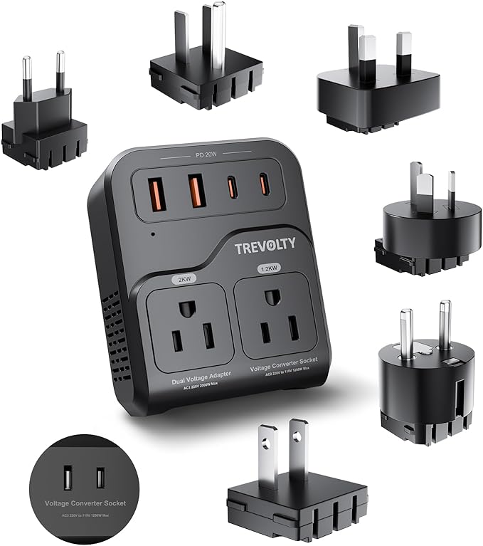 2000W Voltage Converter US to Europe, 220V to 110V Converter for Hair Dryer, 7-in-1 European Travel Plug Adapter with 3AC/2USB-A/2USB-C (PD20W), Travel Essentials with US/JP/FR/DE/UK/AU/EU