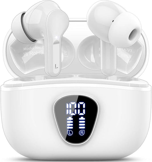 Wireless Earbuds, Bluetooth 5.4 Headphones HiFi Stereo, Bluetooth Earbuds with ENC Noise Cancelling Mic, IP7 Waterproof in Ear Earphones, 48H, LED Display Ear buds for Pad Phones Workout Sports, White