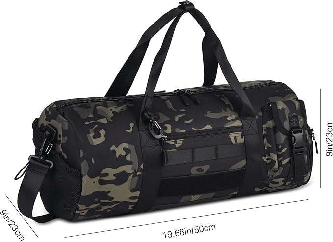 ArcEnCiel Medium Tactical Duffle Bag Men Gym Pack Molle Shoulder Bags Shoes Storage Sports Handbag with Patch(Black Camo)