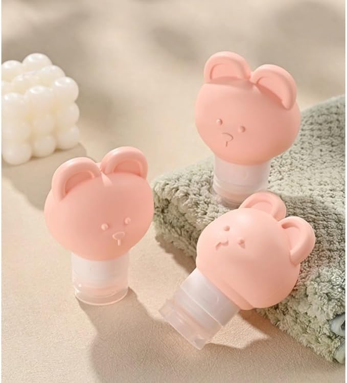 Cute Bear Travel Bottles Set for Toiletries 3 Pack 2.8oz 80ML Leak Proof Silicone Containers for Conditioner Shampoo Lotion (Pink)