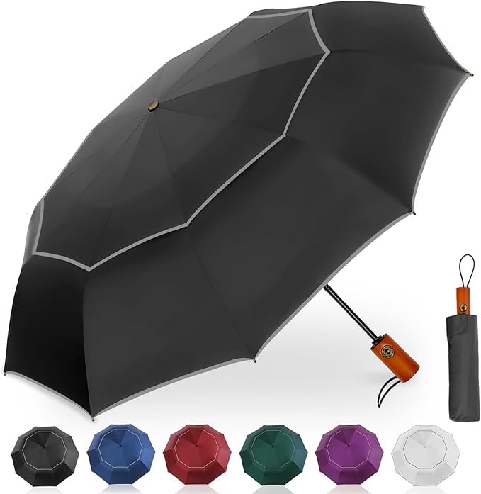 Satol Extra Large Golf Umbrella, 46/54/62 Inch Windproof 10 Ribs Vented Double Canopy Reflective Strips Automatic Open/Close Waterproof UV Protection Portable Compact Umbrella for Outdoor & Travel