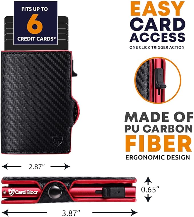 Card Blocr Pop Up Credit Card Wallet, RFID Blocking Credit Card Holder for men, Cool Wallets for Men in Carbon Wallet Design, Compact Card Holder Wallet for Secure Storage (Red PU Carbon Fiber)