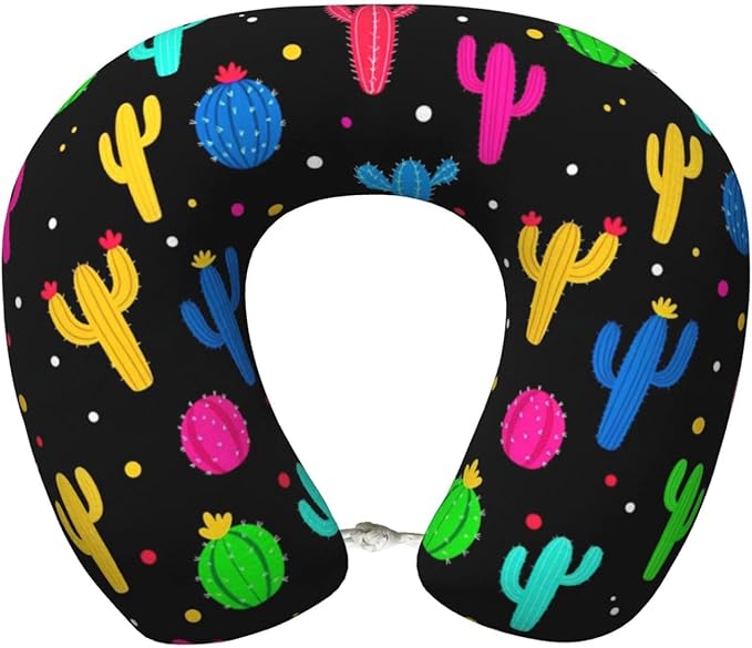 Comfortable Memory Foam Neck Pillow Trippy Dots Cactus, Travel U Shaped Airplane/Car/Flight Pillows with Removable Zipper Cover, Chin Head Neck Support Cushion