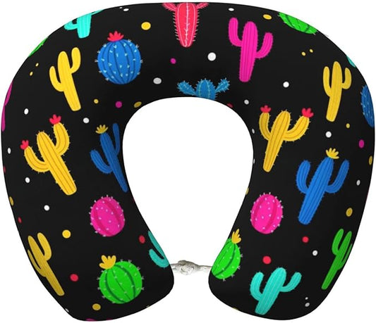 Comfortable Memory Foam Neck Pillow Trippy Dots Cactus, Travel U Shaped Airplane/Car/Flight Pillows with Removable Zipper Cover, Chin Head Neck Support Cushion