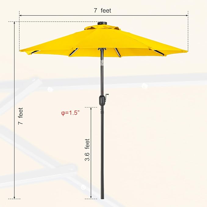 Sundale Outdoor 7 ft Solar-Powered 24 LED Lighted Patio Umbrella with Crank & Push Button Tilt for Garden, Deck, Backyard, Pool, 8 Ribs (Yellow)