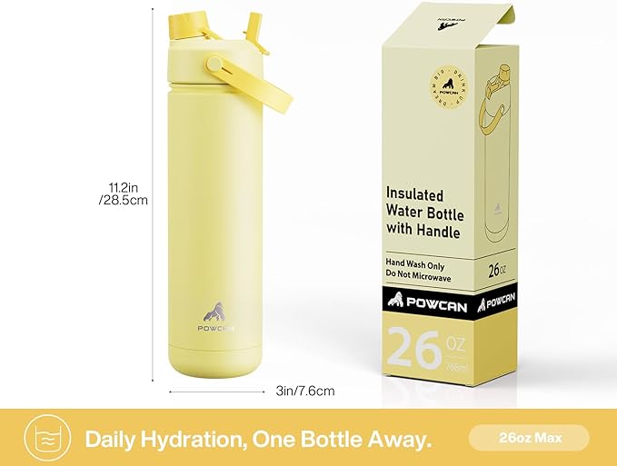 POWCAN 26 oz Insulated Water Bottle with 2-in-1 Straw and Spout Lid, Keep Cold 24H, Leak-Proof, Fits in Car Cup Holder, Stainless Steel Water Bottle for Sports, Travel, Gym, and School (Butter)