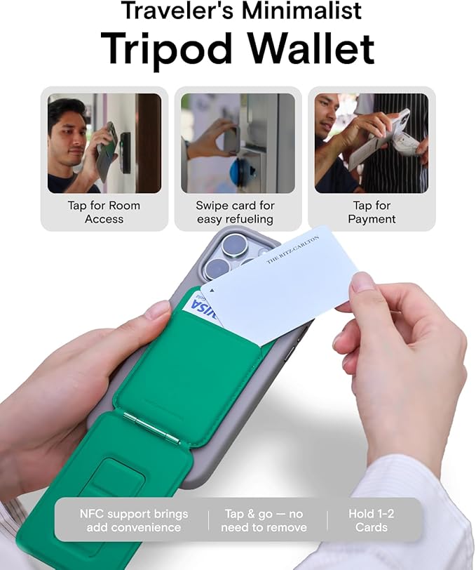 MOFT Phone Tripod Wallet for iPhone, Mulit-Angles, Lightweight & Portable Phone Stand, MOVAS Vegan Leather Magnetic Wallet, Strong Magnets, NFC Card Holder,Travel Essential, Oz Green (with Card Slot)