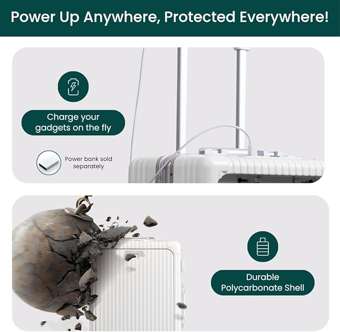 Nobl Travel Carry On Luggage, Noble Zipperless Aluminum Frame PC Hard Shell Suitcase, 22.5x15x9.5 Airline Approved, 360° Spinner Wheels, TSA Locks, USB Charging Port, Cup & Phone Holder - White