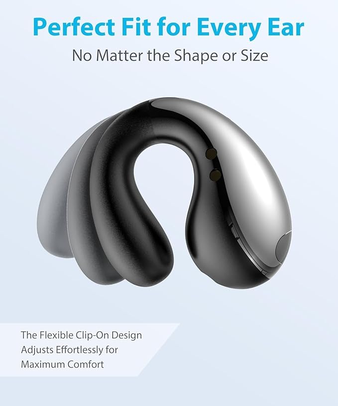 Ultra Open Ear Earbuds - Ergonomic Clip-On Earbuds, Bone Conduction Over-The-Ear Headphones with Waterproof Design and Secure Fit for Small Ears, Crystal Black