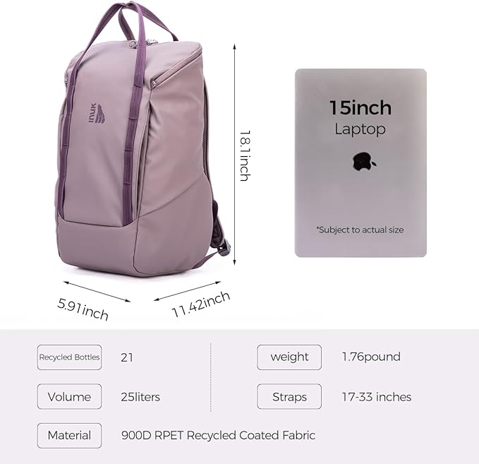 INUK Laptop Backpack for College Students & Work, 25L Lightweight Waterproof Backpack for Business Travel, Hiking Daypack with Padded Sleeve and Safety Whistle, Made from Recycled Materials，Purple