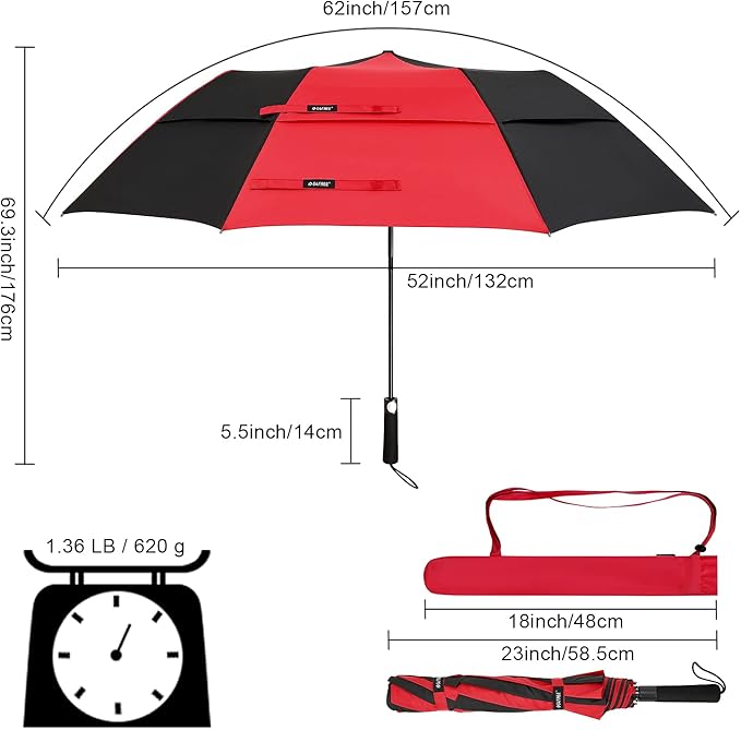 G4Free 62inch Portable Golf Umbrella Automatic Open Large Oversize Vented Double Canopy Windproof Waterproof Sport Umbrellas(Red/Black)