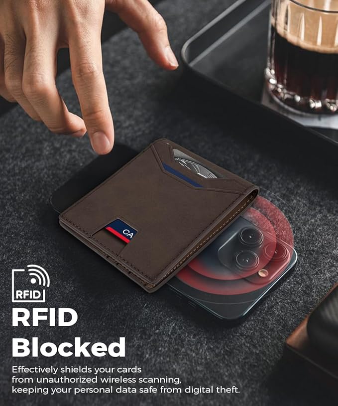7worldlet Slim RFID Blocking Wallets for Men Synthra™ Ultra Leather Bifold Minimalist Wallet 11 Cord Holder Thin Mens Wallet with Gift Box (Brown)