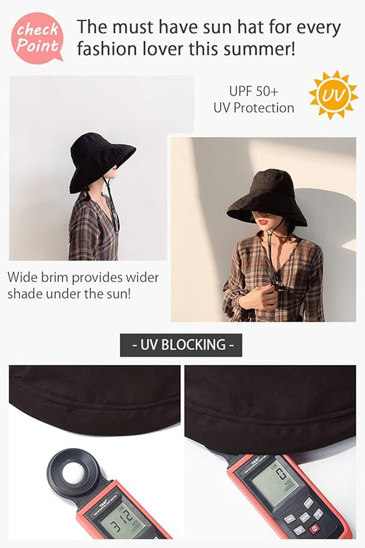 Wide Brim Bucket Hat - UPF50+ Protection Travel Beach Sun Hat with Semi-Rigid Adjustable Foldable Brim