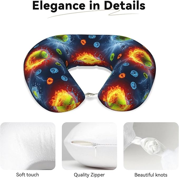 Travel Neck Pillow for Pain Relief Sleeping, Water Fire Flame Softball, Comfortable Memory Foam Chin Head Cushion Support with Zip Cover, Fashion Car Flight Pillows