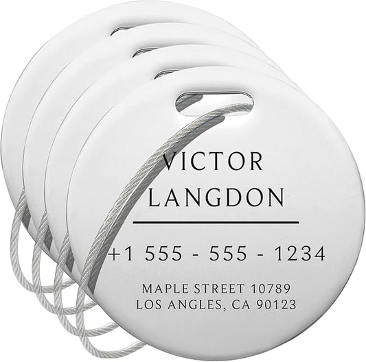 Stainless Luggage Tags for Suitcases 4 Pack: Metal Personalized Luggage Tags for Backpacks & Bags with Customizable Texts (Silver)