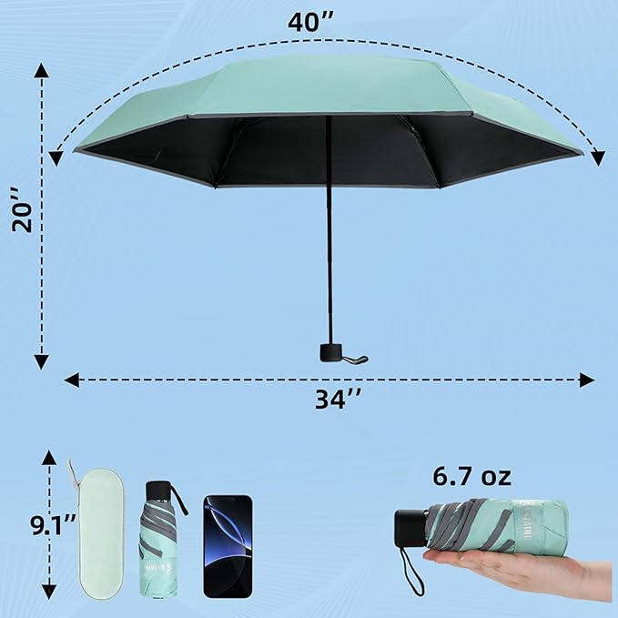 GAOYAING Mini Compact Travel Umbrella with Reflective Safety Stripes, Portable Folding Design with Case